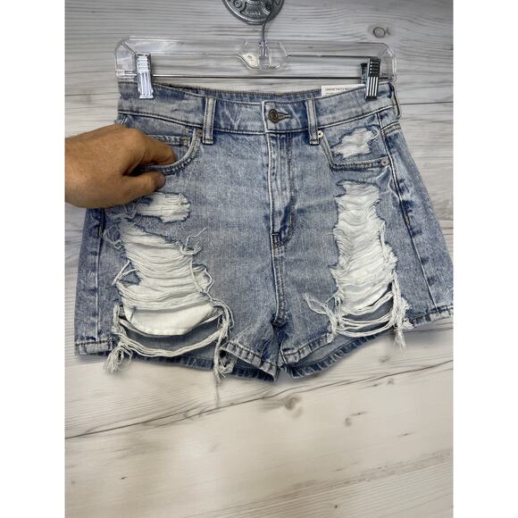 American Eagle Mom Short Womens 0 Blue Distressed Denim Super High Rise Shorts - Picture 2 of 14
